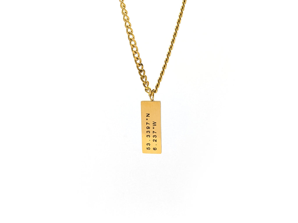 Chain with "dog tag" coordinates engraving